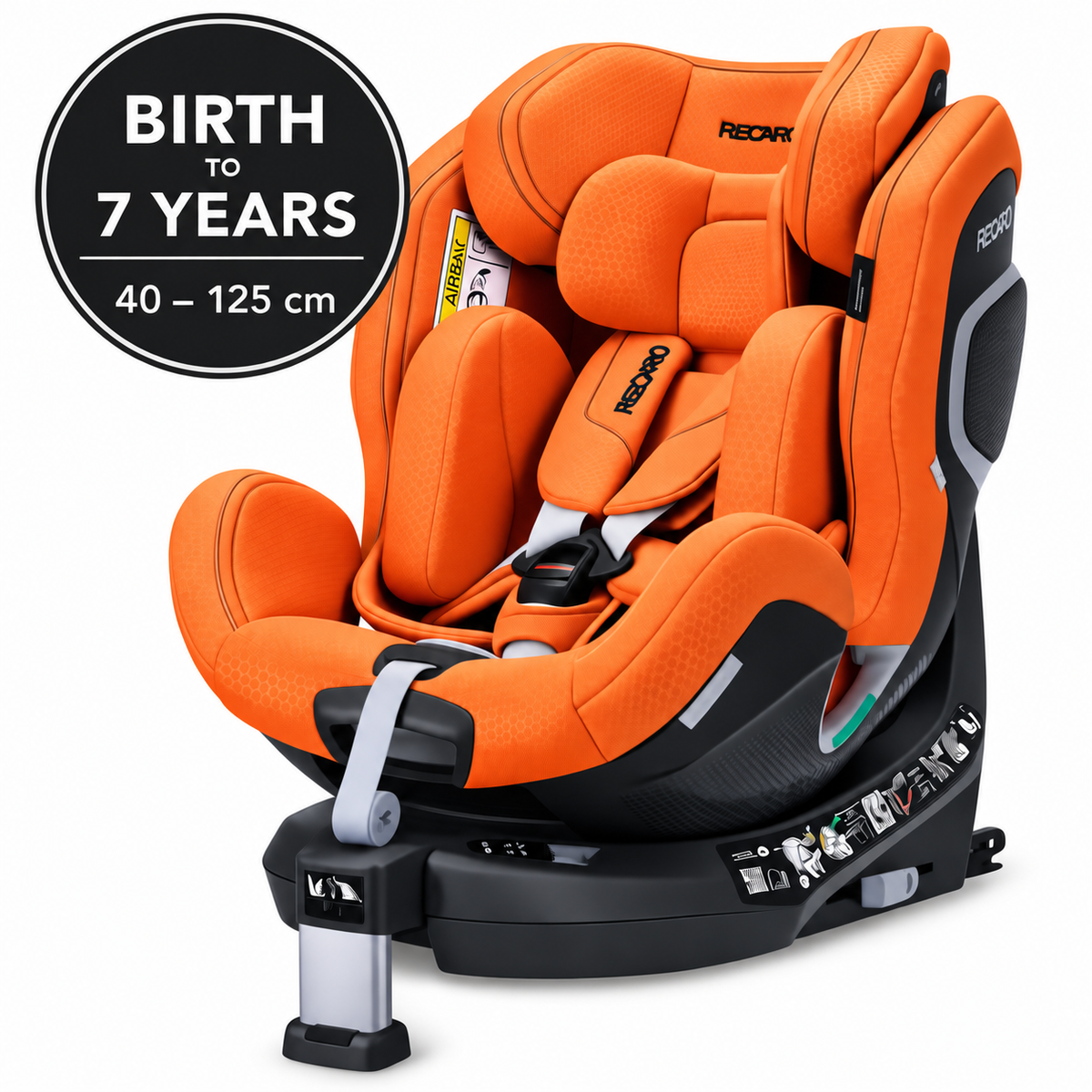 Vibrant Orange XENON 1 with padded insert and harness; graphic states birth to 7 years, 40–125 cm.