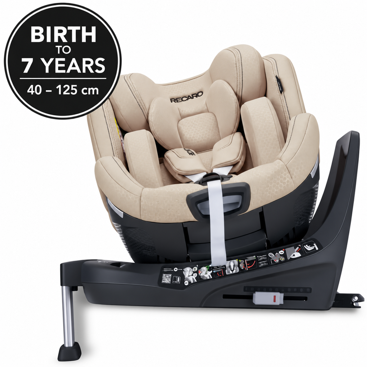 Elegant Beige XENON 1 with padded insert and harness; graphic states birth to 7 years, 40–125 cm.