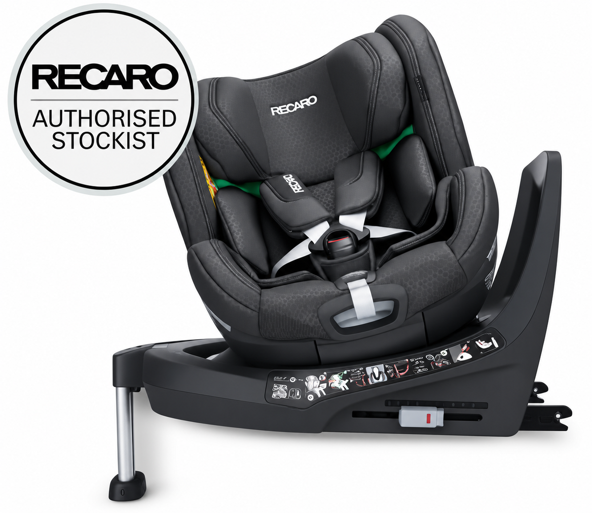 recaro Fresh Black XENON 1 KID, rotated on its base with padded harness, beside a Recaro authorised stockist badge.