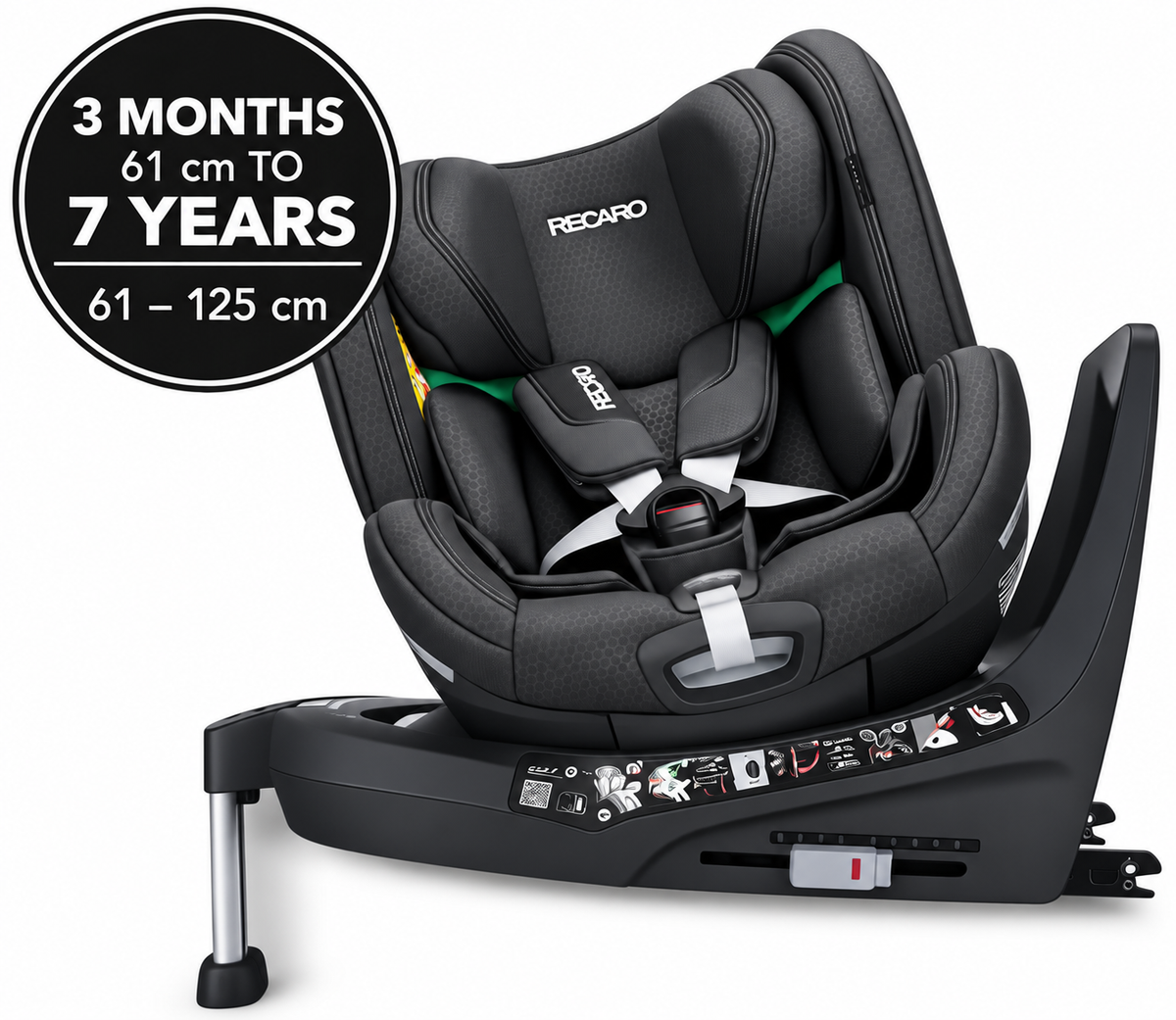 Fresh Black XENON 1 KID with harness; graphic states 3 months to 7 years, 61–125 cm.