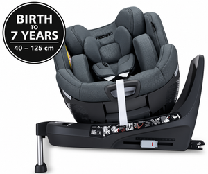Recaro Gallant Grey XENON 1 with padded insert and harness; graphic states birth to 7 years, 40–125 cm.