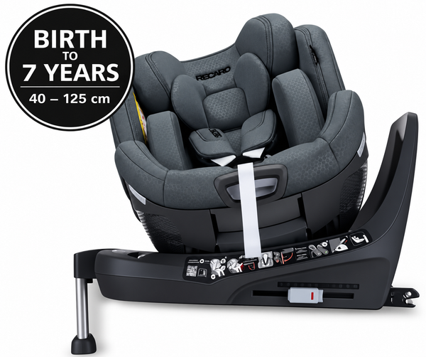 Recaro Gallant Grey XENON 1 with padded insert and harness; graphic states birth to 7 years, 40–125 cm.