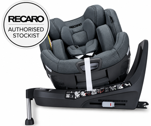 Recaro Gallant Grey XENON 1, rotated on its base with padded insert and harness, beside a Recaro authorised stockist badge.