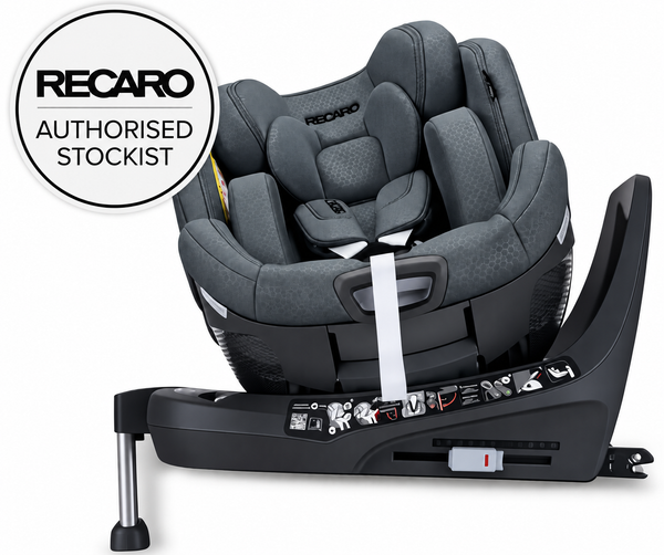Recaro Gallant Grey XENON 1, rotated on its base with padded insert and harness, beside a Recaro authorised stockist badge.