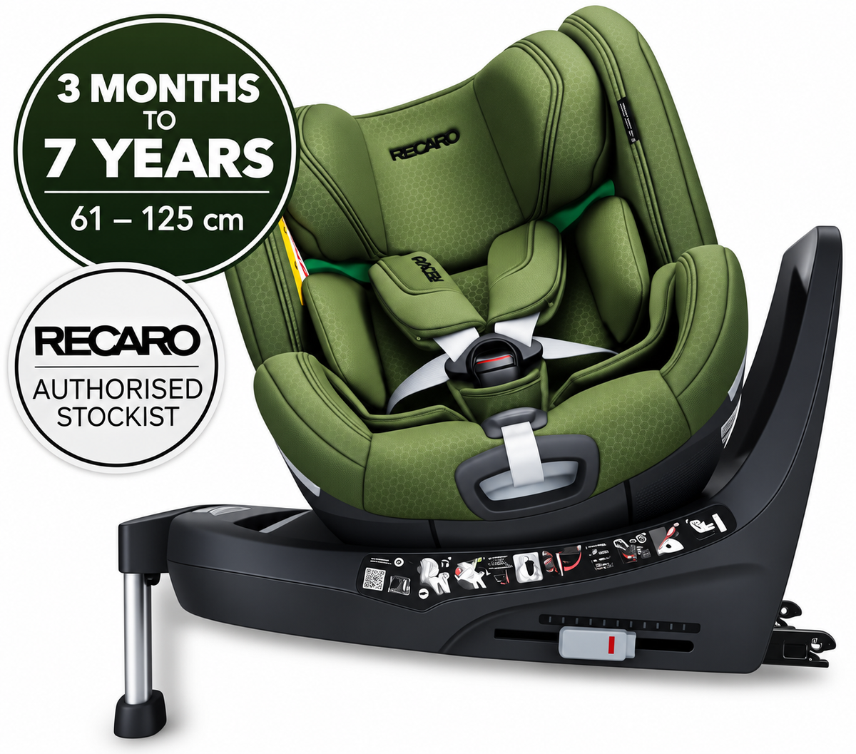 recaro Epic Green XENON 1 KID; graphic states 3 months to 7 years, 61–125 cm, with an authorised stockist badge.