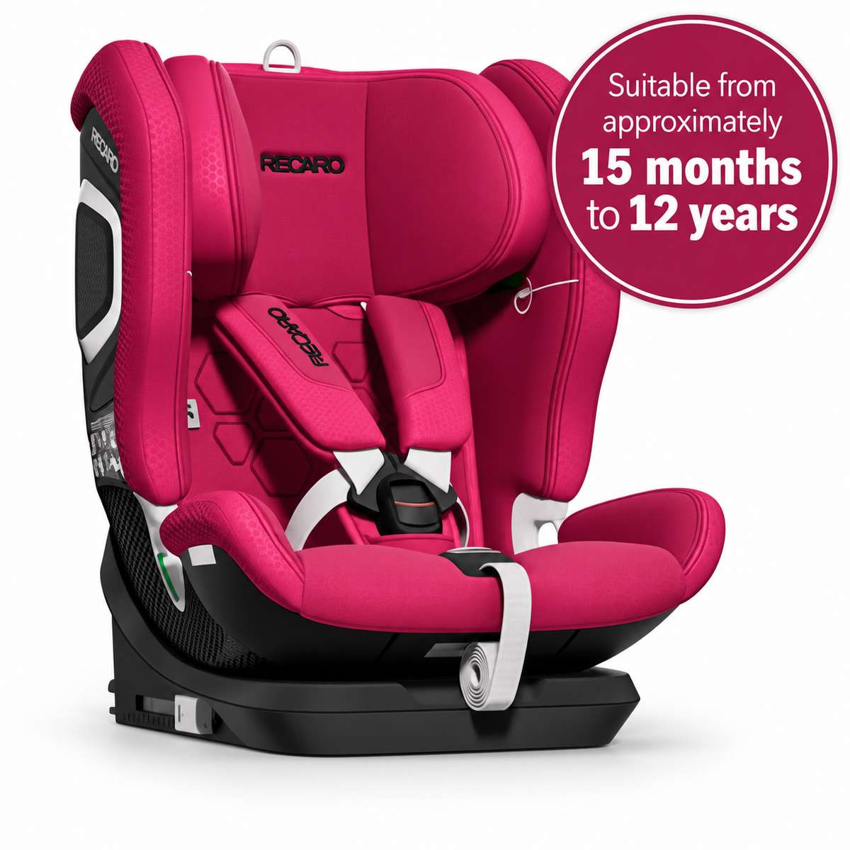 Wow Pink VELIX 1 with padded harness; graphic states suitable from approximately 15 months to 12 years.