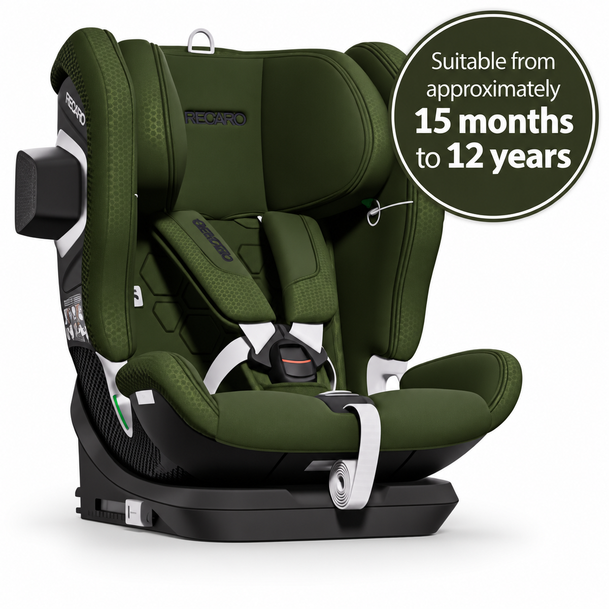 Epic Green VELIX 1 with padded harness; graphic states suitable from approximately 15 months to 12 years.