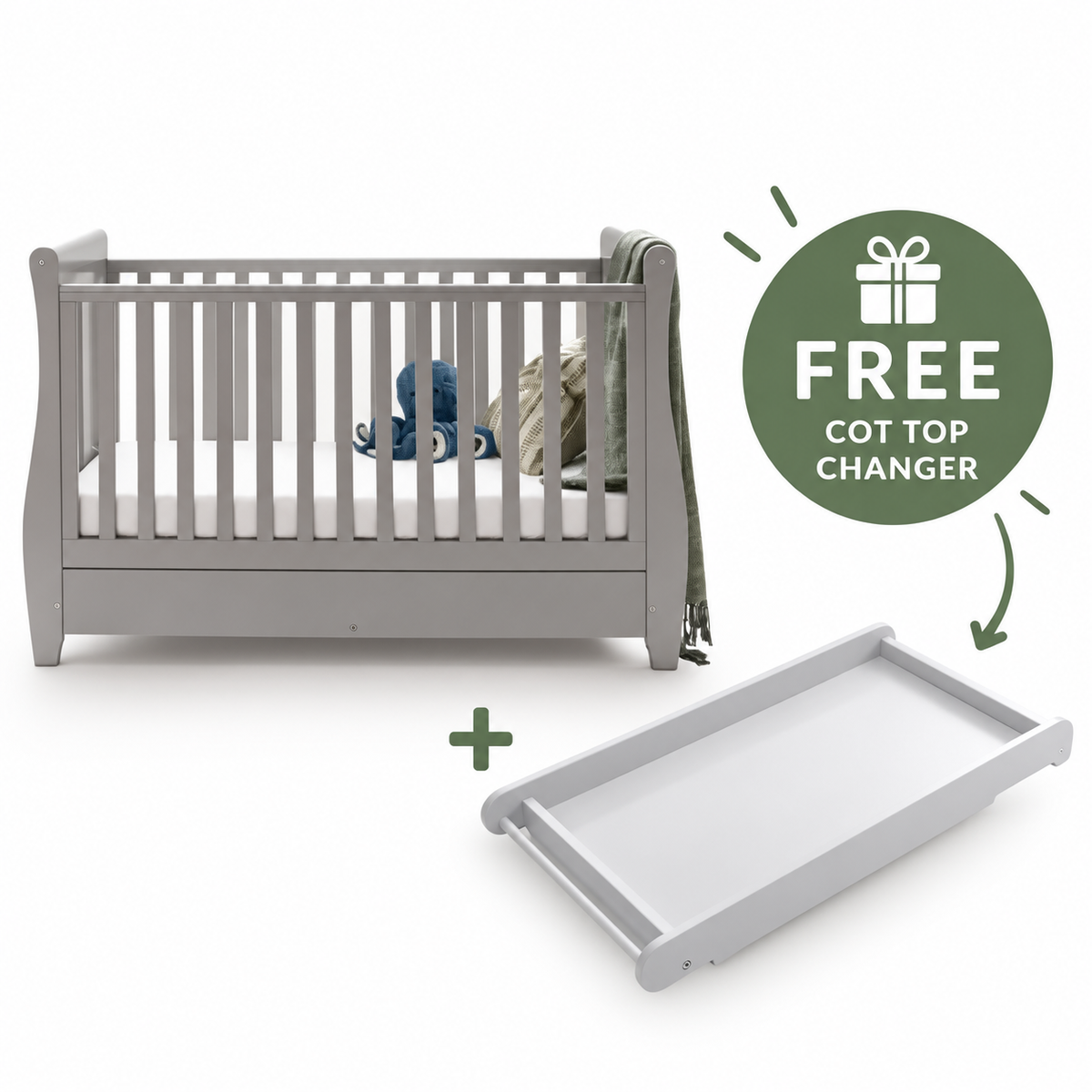 Babymore Stella Grey Cot Bed - Dropside - Free Cot Top Changer Worth £59