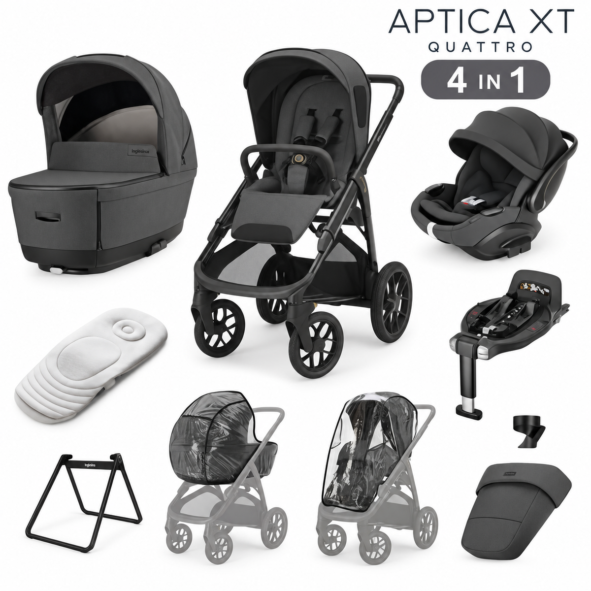 Inglesina Aptica XT 3 in 1 Travel System 2026 - Magnet Grey | Lie-Flat Car Seat & 360° Base