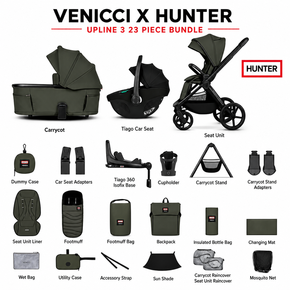 Venicci x Hunter Upline 3 Dark Olive 4-in-1 Plus Travel System with ISOFIX Base & Home Stand