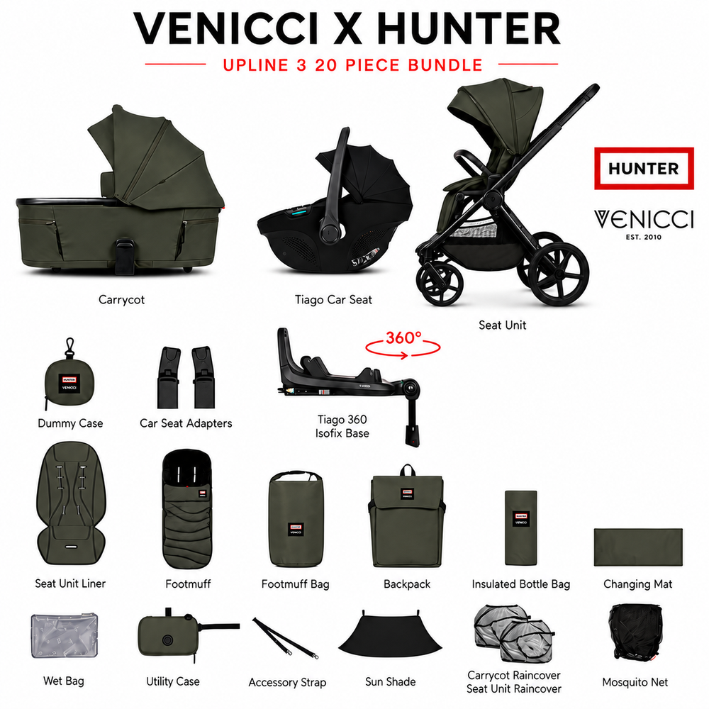 Venicci x Hunter Upline 3 Dark Olive 4-in-1 Travel System with Rotating Isofix Base