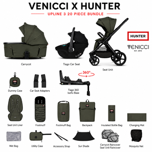 Venicci x Hunter Upline 3 Dark Olive 4-in-1 Travel System with Rotating Isofix Base