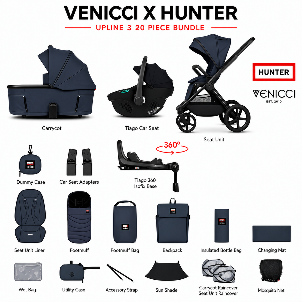 Venicci x Hunter Upline 3 Navy 4-in-1 Travel System with Rotating Isofix Base