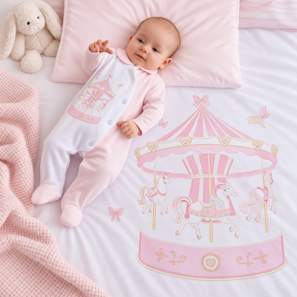 Luxury 5-Piece Pink Baby Bedding Set – Carousel Design | 100% Cotton | Fits Standard Cot