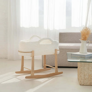 Clair de Lune Crochet Moses Basket with Wooden Rocking Stand – White