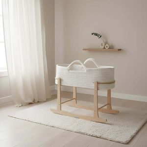 Clair de Lune Crochet Moses Basket with Wooden Rocking Stand – White