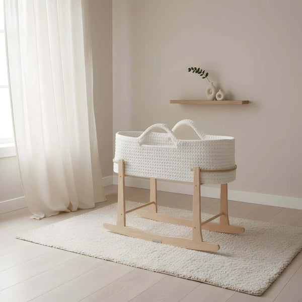 Clair de Lune Crochet Moses Basket with Wooden Rocking Stand – White