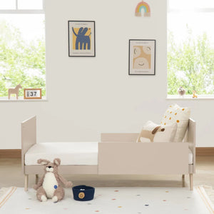 Beige toddler bed with a simple modern design and sturdy wooden frame from babymore Dante 2 piece nursery set cashmere
