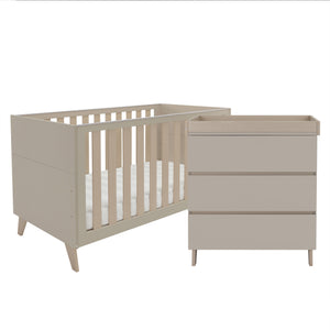 Beige wooden baby crib with slatted sides and matching dresser in babymore dante 2 piece nursery room set cashmere