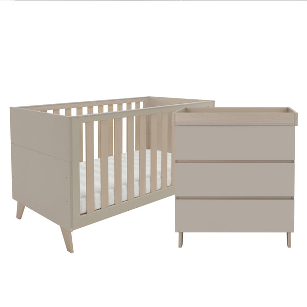 Beige wooden baby crib with slatted sides and matching dresser in babymore dante 2 piece nursery room set cashmere
