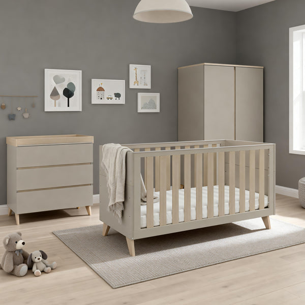 Beige wooden crib with slatted sides and tapered legs from Babymore Dante 3 Piece nursery room set cashmere