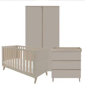 Beige babymore dante 3 piece nursery set with modern minimalist crib wardrobe and changing table in cashmere finish