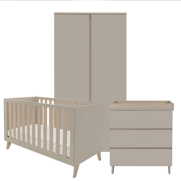 Beige babymore dante 3 piece nursery set with modern minimalist crib wardrobe and changing table in cashmere finish