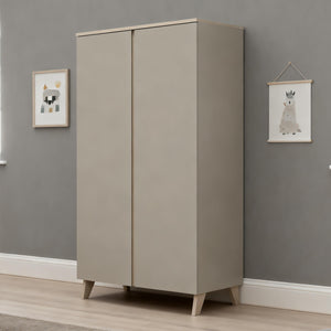 Modern beige babymore dante two-door wardrobe with minimalist design and tapered wooden legs in cashmere nursery set