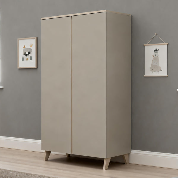 Modern beige babymore dante two-door wardrobe with minimalist design and tapered wooden legs in cashmere nursery set