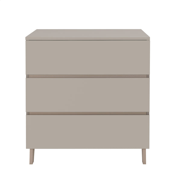 Modern taupe three-drawer dresser with minimalist design and slender legs from babymore dante nursery set cashmere