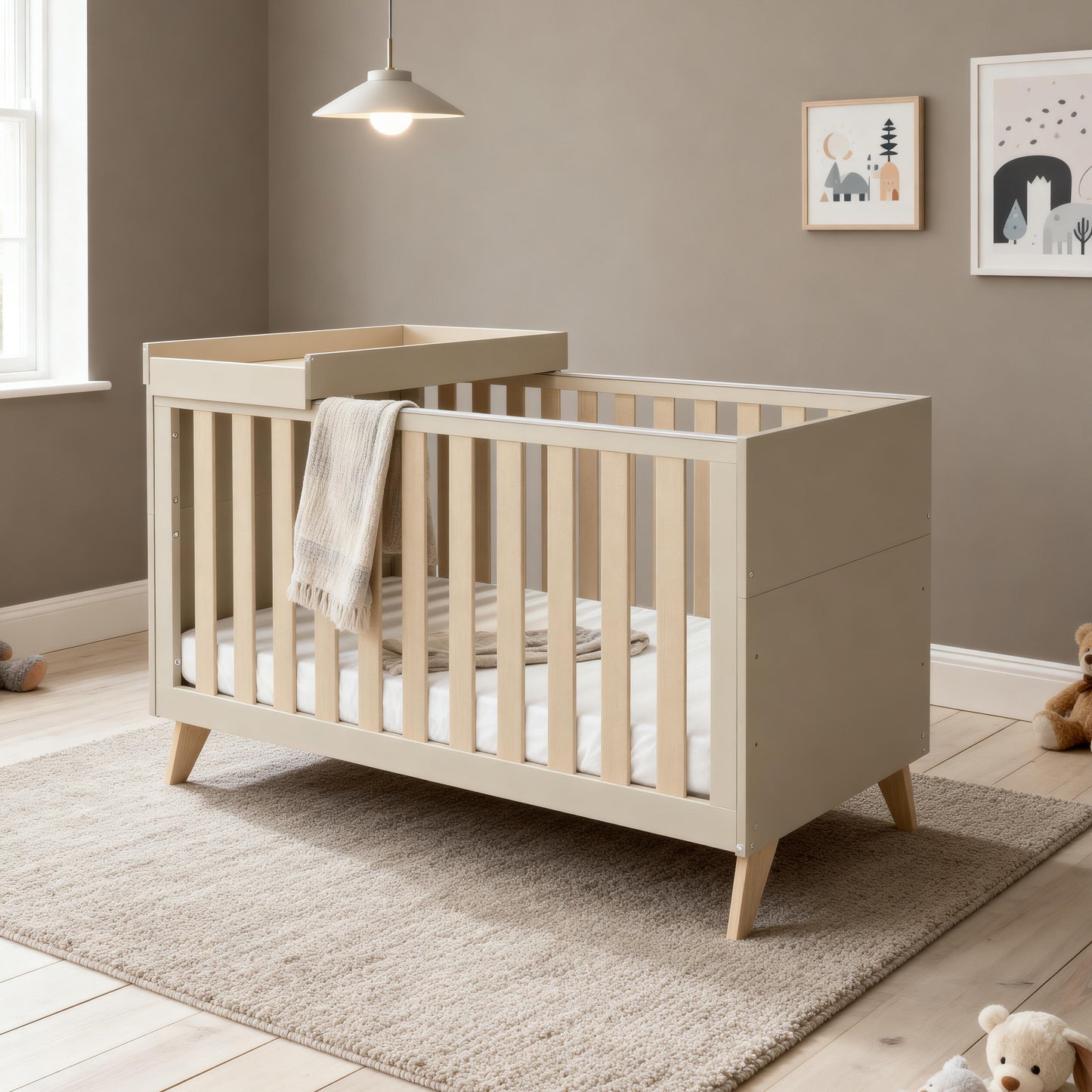 Babymore Dante Cot Bed with Cot Top Changer - Cashmere