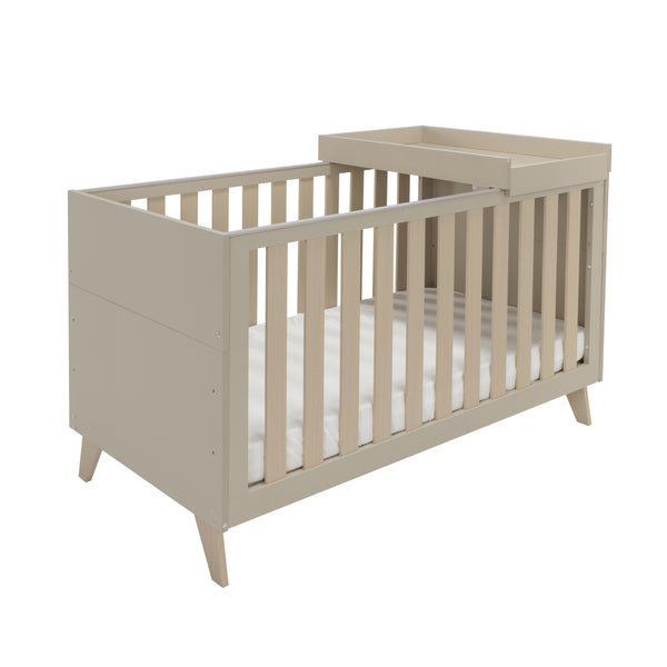Beige wooden babymore dante cot bed convertible crib with attached cashmere changing table for nursery use
