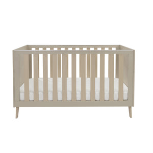 Babymore Dante cot bed cashmere beige wooden crib with vertical slats tapered legs and cot top changer