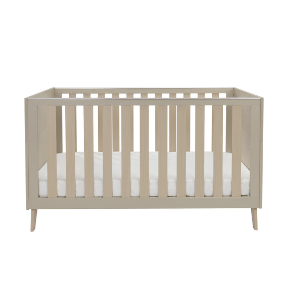 Babymore Dante cot bed cashmere beige wooden crib with vertical slats tapered legs and cot top changer