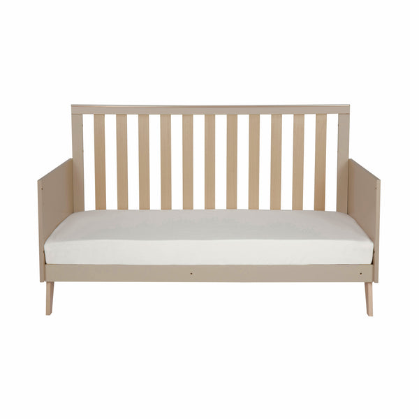 Babymore Dante cot bed cashmere beige wooden convertible crib with vertical slats and white mattress