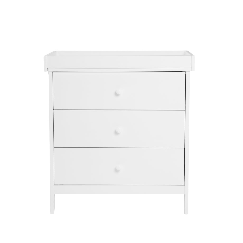 Bebe & Beyond Dreamer Changing Unit White three drawer nursery changing table with removable changing top on