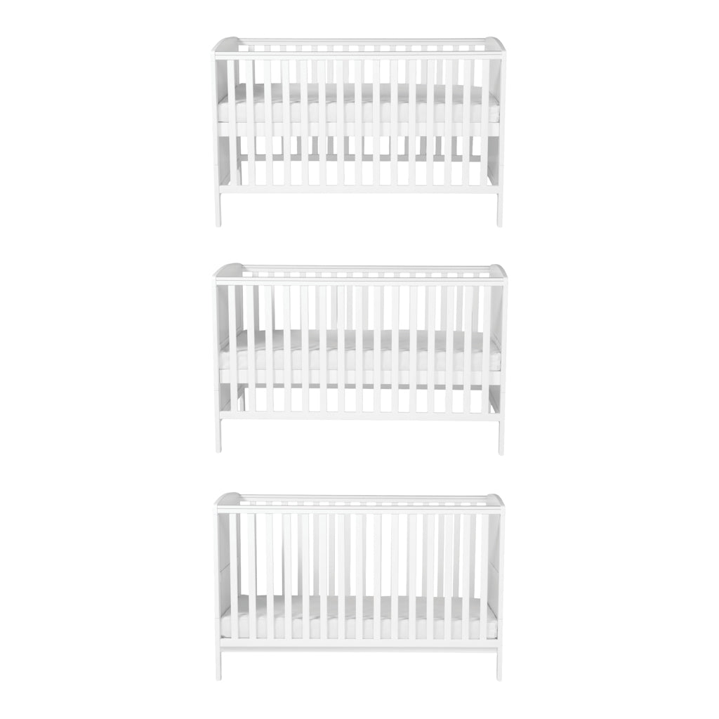 Bebe & Beyond Dreamer Cot Bed White convertible baby cot with three mattress heights