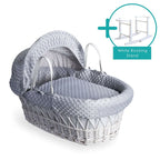 Baby Wicker Moses Basket in White Wicker and Grey Dimple bedding By Clair De Lune
