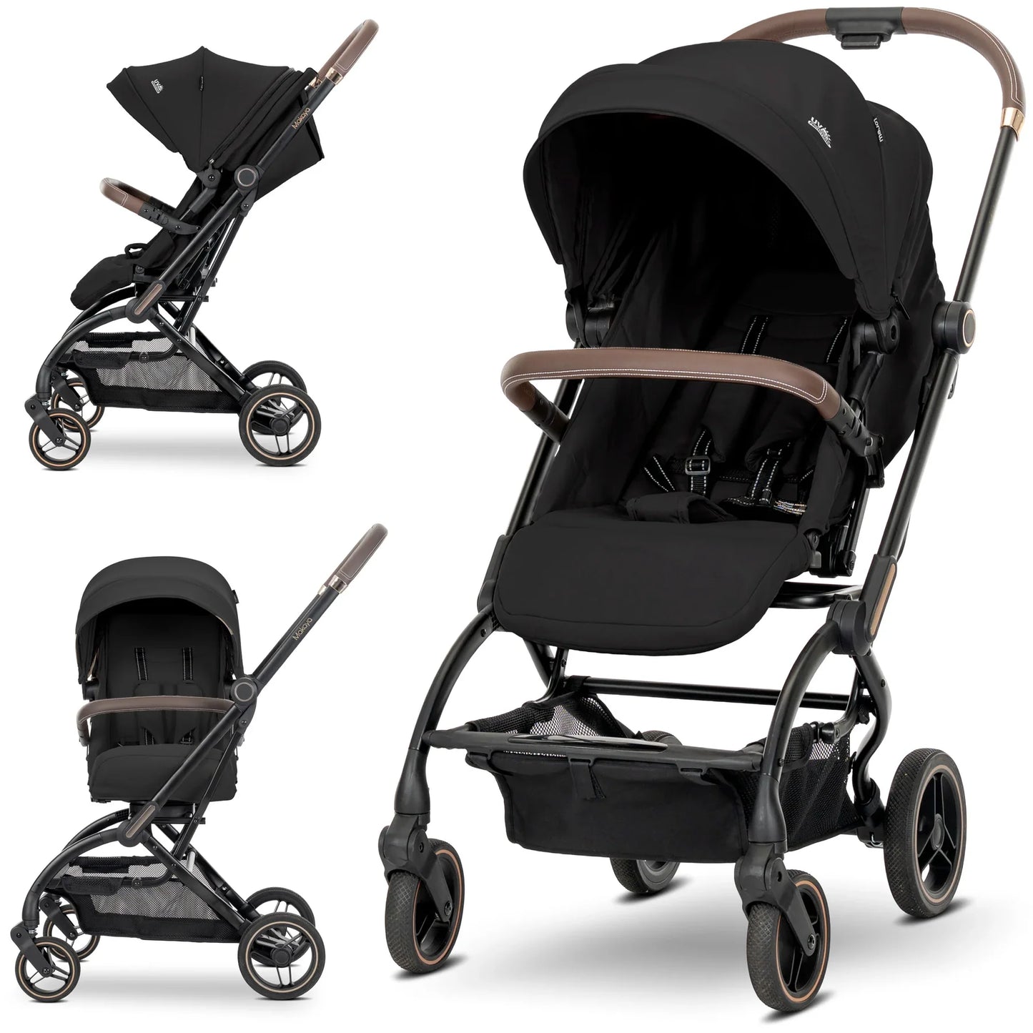 Lorelli Makaya 360 rotation stroller in black with brown leather accents, lightweight reversible pushchair from birth to 22kg