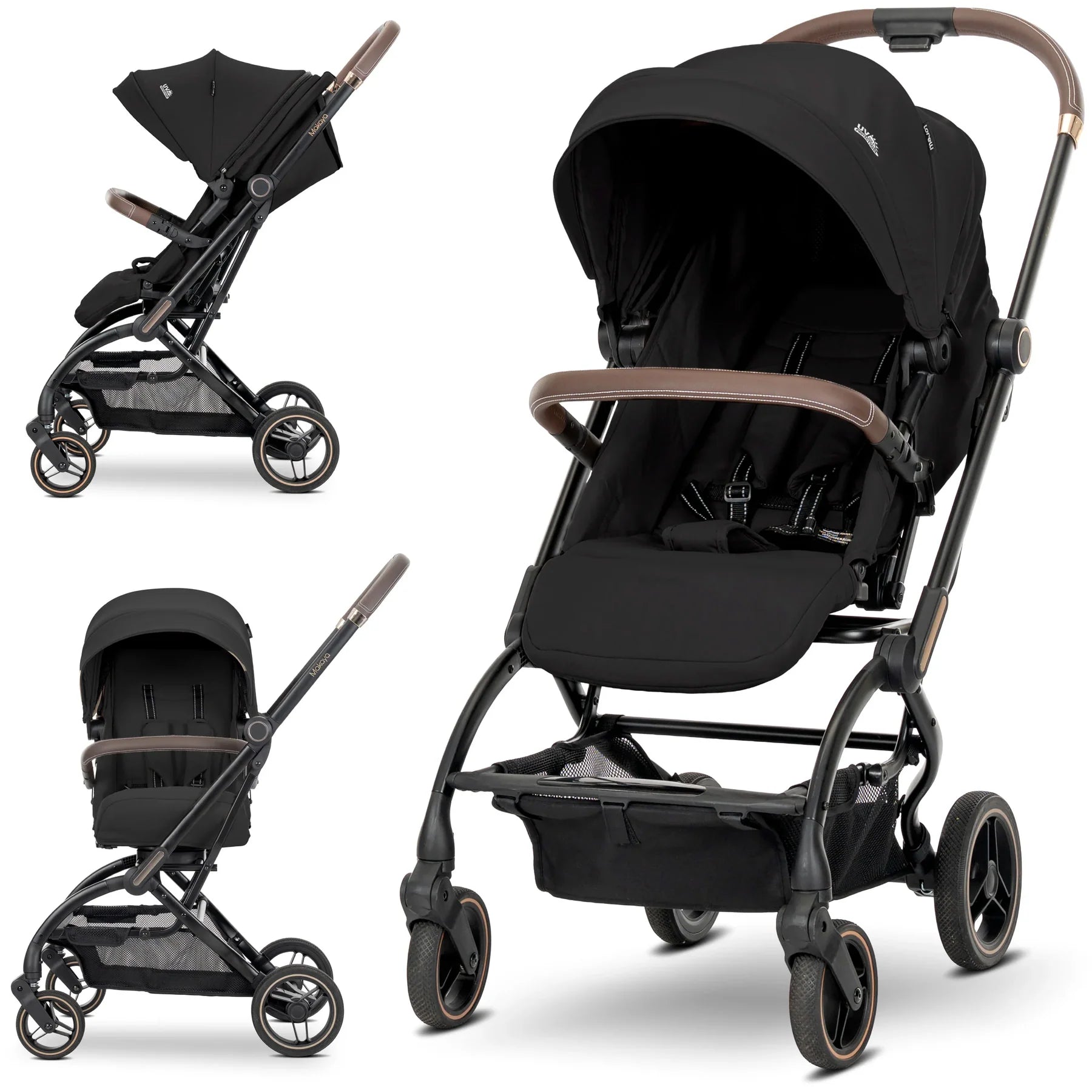 Lorelli Makaya 360 rotation stroller in black with brown leather accents, lightweight reversible pushchair from birth to 22kg