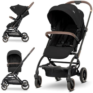 Lorelli Makaya 360 rotation stroller in black with brown leather accents, lightweight reversible pushchair from birth to 22kg