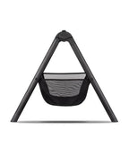 Black triangular venicci upline 3 home stand carrycot stand with mesh storage pouch for baby gear organization