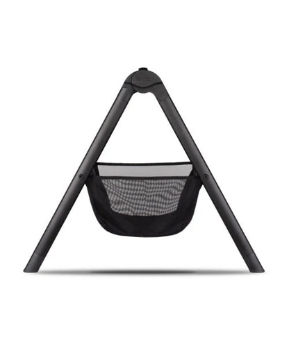Black triangular venicci upline 3 home stand carrycot stand with mesh storage pouch for baby gear organization