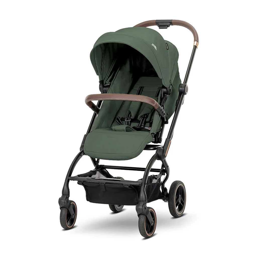 Lorelli Makaya 360 rotation stroller in green fabric with brown leather accents and black metal frame for lightweight use