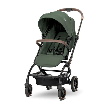 Lorelli Makaya 360 rotation stroller in green fabric with brown leather accents and black metal frame for lightweight use