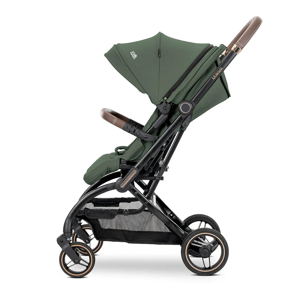 Lorelli Makaya 360 rotation stroller in dark green fabric with black metal frame and brown leather accents for birth to 22kg