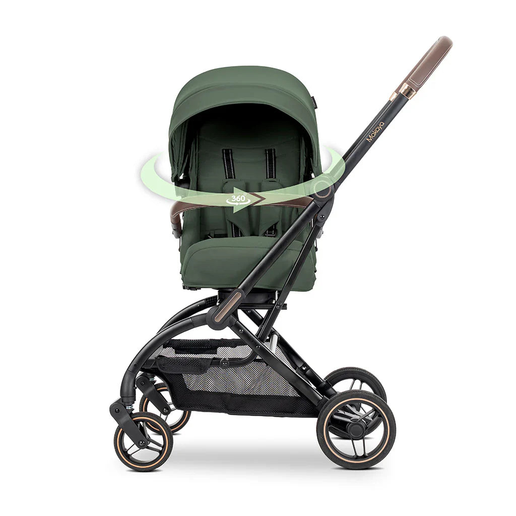 Lorelli Makaya 360 rotation stroller in dark green fabric with black metal frame and tan handle accents for birth to 22kg