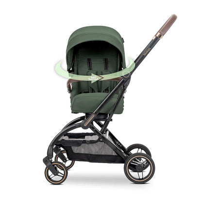 Lorelli Makaya 360 rotation stroller in dark green fabric with black metal frame and tan handle accents for birth to 22kg