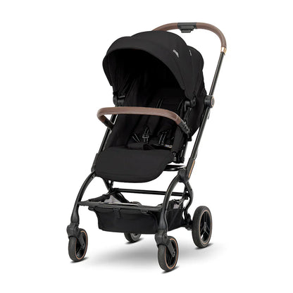 Lorelli Makaya 360 rotation stroller in black with brown leather accents lightweight reversible pushchair from birth to 22kg