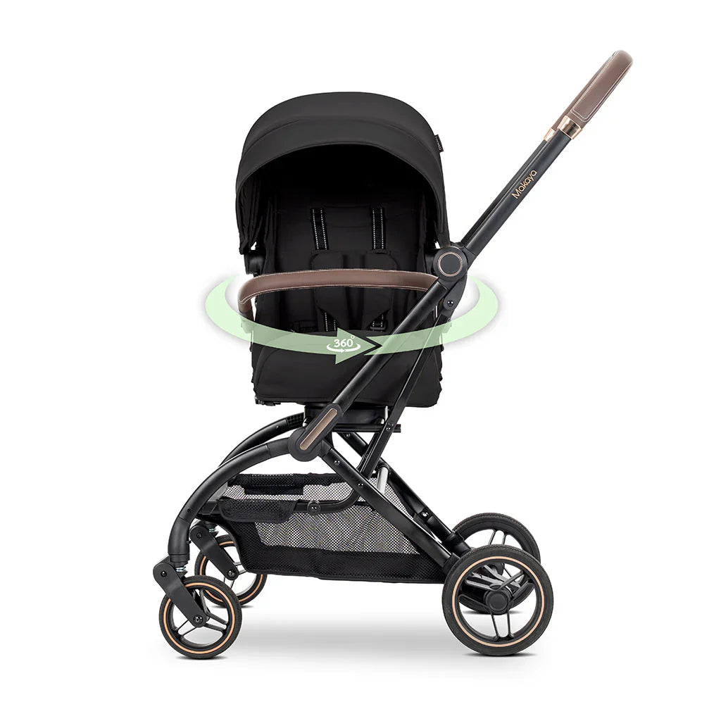 Lorelli Makaya 360 rotation stroller in black and taupe with fabric canopy, padded handlebar, and mesh basket